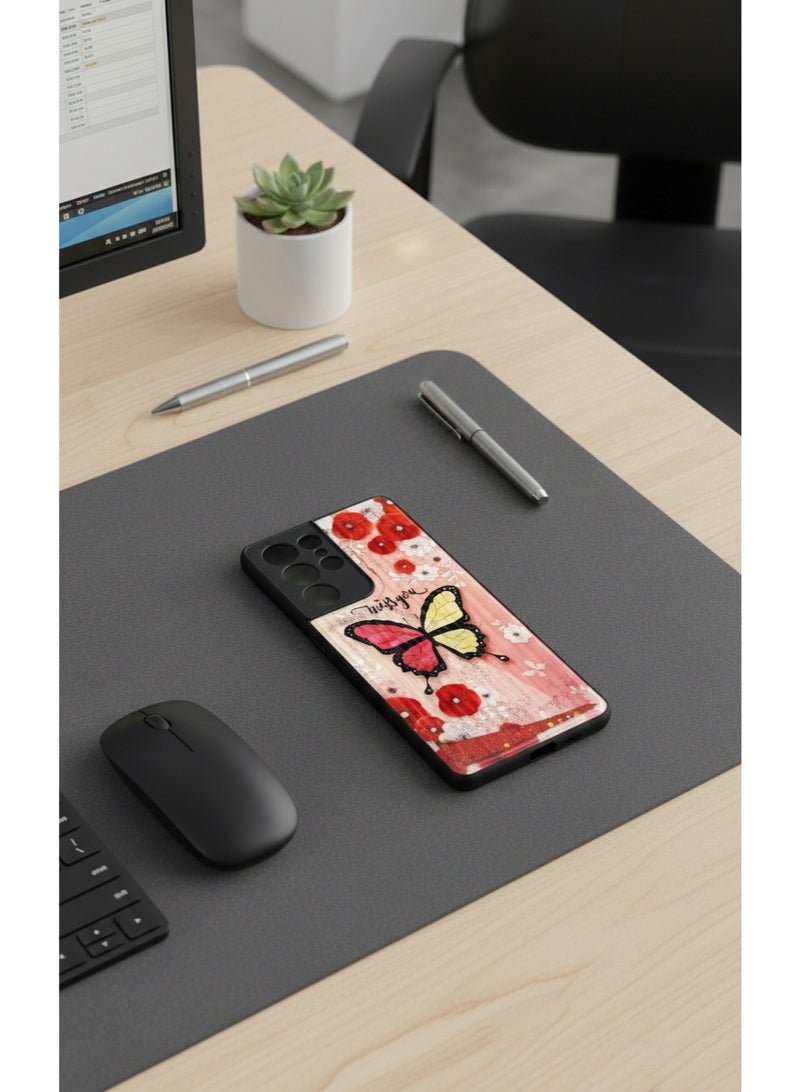 Grace ​"Miss You" Butterfly Phone Case for Samsung Galaxy S21 Ultra - Red Floral & Glitter Design, Slim Protective Hard Cover - Image 4